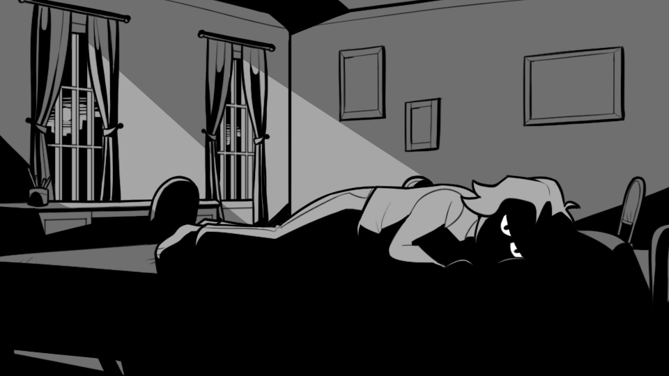Image Description: Soy lying on his bed, face covered in shadow. His irate eyes are visible. In the background, the sun sets outside his bedroom windows, and the light grows dimmer.