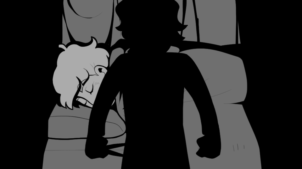 Image Description: Rudy, asleep in her bed. Soy's shadow, the scissors visible in his left hand, looms over her. 