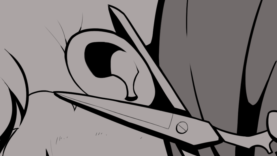Image Description: A closeup shot of Soy positioning the scissor blades around her ear. 