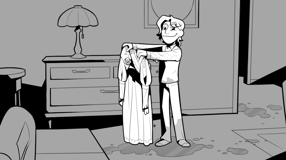Image Description: Soy holding Rudy's dress aloft, dripping with water. He is grinning smugly.
